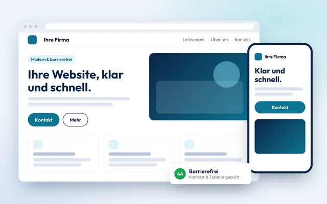 Beispiel einer Website auf Laptop und Smartphone mit Barrierefrei-Hinweis
